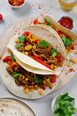 Mexican Tacos with Beef and Vegetables, Tacos al Pastor on Grey Background