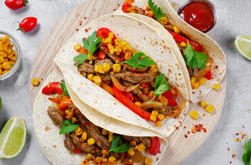 Mexican Tacos with Beef and Vegetables, Tacos al Pastor on Grey Background