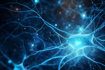 Neuron connection generated with AI. 3d microscopic render. 3d image, perfect to use as a computer background, powerpoint pr&eacute;sentation, linkedin post, website, portfolio