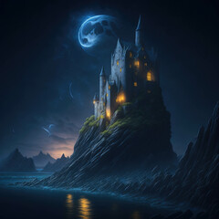 Fototapeta na wymiar Fantasy Fairytale Castle Fortress On Sea Ocean Cliff, Night With Warm Lights Generative Ai