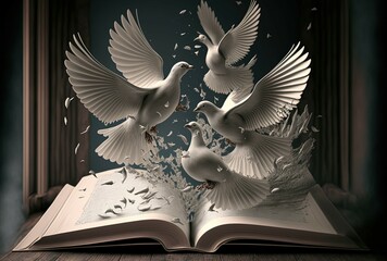 Open Book with Pages Turning into Doves. Generative AI.	