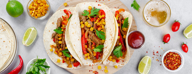 Mexican Tacos with Beef and Vegetables, Tacos al Pastor on Grey Background