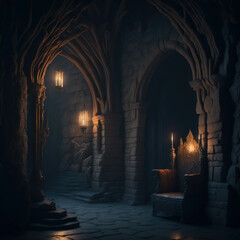 Fantasy Fairytale Castle Fortress Medieval Interior Throne Room, Dark with Warm Fire Torch on Wall, Generative Ai