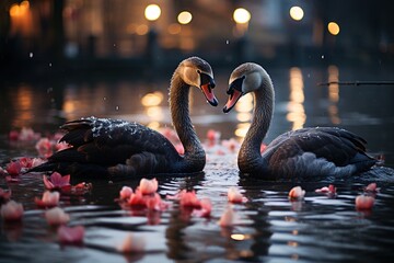 Two black swans in the national Park. Generative AI