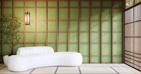 BIg roominterior design in modern living room with black low table ,lamp,vase, and decor Japanses style. 3D rendering