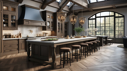 Fototapeta premium Photorealistic Transitional Kitchen Design: 2023 Interior Trends Combining Traditional and Modern Aesthetics Created with A Fusion of AI Powered Models