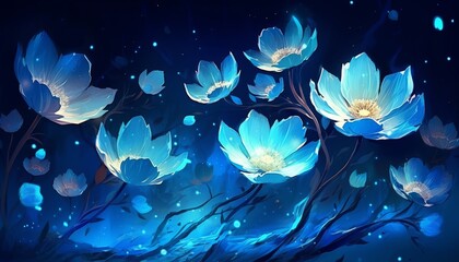 Obraz na płótnie Canvas Blue flowers in the dark with stars in the sky, made of crystals, detailed illustrations, 32k uhd, fanciful illustrations, simple designs, wallpaper