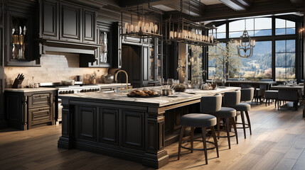 Photorealistic Transitional Kitchen Design: 2023 Interior Trends Combining Traditional and Modern Aesthetics Created with A Fusion of AI Powered Models