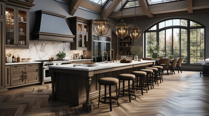 Fototapeta premium Photorealistic Transitional Kitchen Design: 2023 Interior Trends Combining Traditional and Modern Aesthetics Created with A Fusion of AI Powered Models