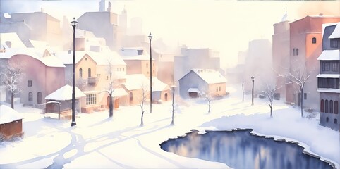 Watercolor winter cityscape. Snow-covered houses and streets.