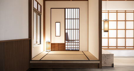 Nihon room design interior with door paper and wall on tatami mat floor room japanese style.