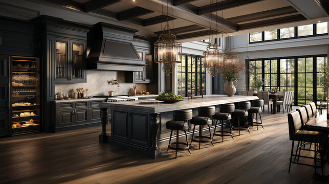 Photorealistic Transitional Kitchen Design: 2023 Interior Trends Combining Traditional and Modern Aesthetics Created with A Fusion of AI Powered Models