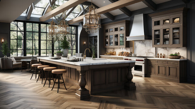 Photorealistic Transitional Kitchen Design: 2023 Interior Trends Combining Traditional and Modern Aesthetics Created with A Fusion of AI Powered Models