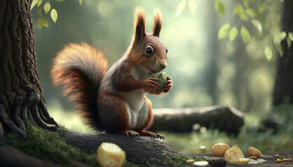 Naklejka na ściany i meble a squirrel eats a hazelnut on the background of the forest. Generative AI