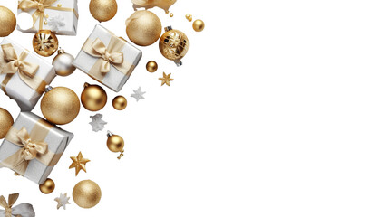 golden christmas baubles and presents transparent background, png