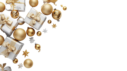 golden christmas baubles and presents transparent background, png