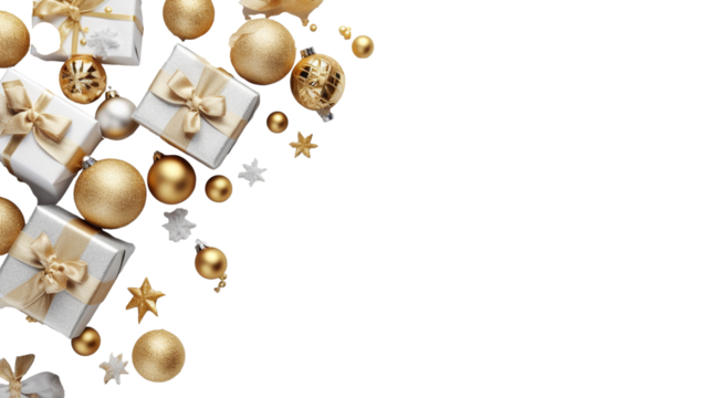 golden christmas baubles and presents transparent background, png