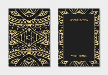 Cover set, vertical templates. Unique relief geometric background with 3D pattern, golden texture, space for text. Tribal heritage of the peoples of the East, Asia, India, Mexico, Aztec, Peru.