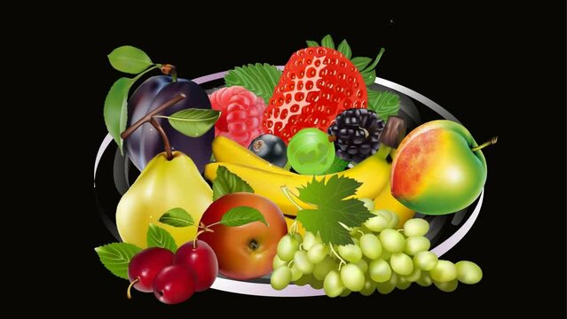 A plate of fresh fruit, healty food background and 2d animation, strawberry, apple, peach, grapes, cherries, grapefruit, peach, banana etc