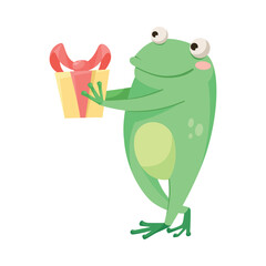 Cute Green Leaping Frog Character Giving Gift Box Vector Illustration