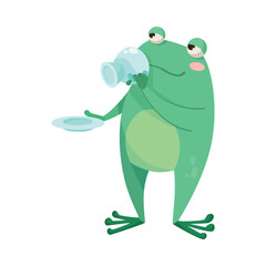 Cute Green Leaping Frog Character Drinking Tea with Cup Vector Illustration