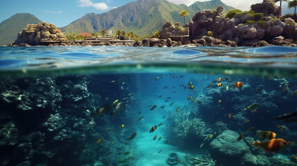 beautiful half under water illustration with fishes , ai generated image