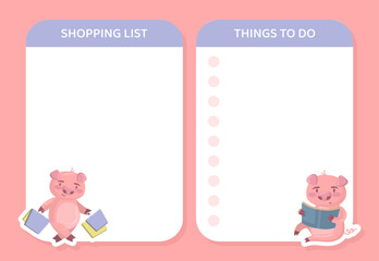 Empty Notepad Sheet with Funny Pig Character Vector Template