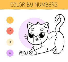Color by numbers coloring book for kids with cute cat. Coloring page with cartoon cat. Monochrome black and white. Vector illustration.
