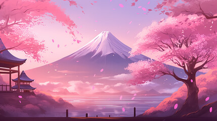 a pink inspired mountain fuji wallpaper, cherry tree style, ai generated image