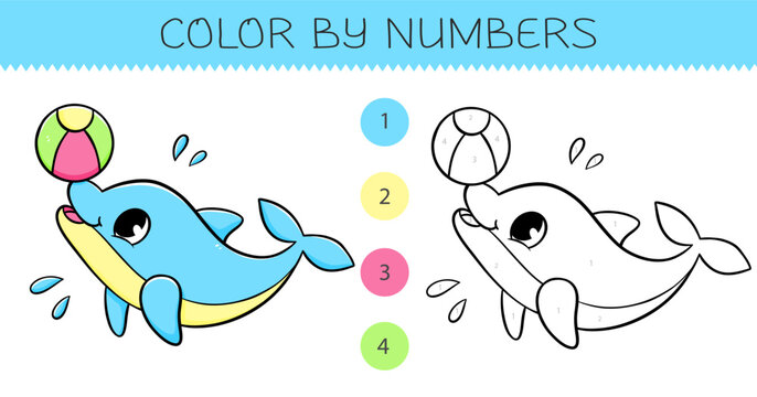 Color by numbers coloring book for kids with cute dolphin with ball. Coloring page with cartoon dolphin with an example for coloring. Monochrome and color versions. Vector illustration.