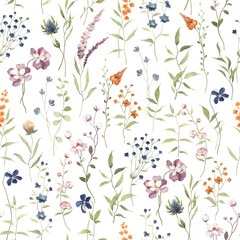 Botanical seamless pattern with of abstract delicate branches with small simple flowers, watercolor isolated illustration for floral textile, background, design wallpapers, fabric or wrapping paper.