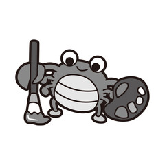 筆とパレットを持っているカニ モノクロ