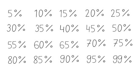 Hand made 99 percent off black ink discount light font special offer lettering. Vector design illustration in cartoon flat doodle style isolated on white background. Discount, coupon, web site, menu.