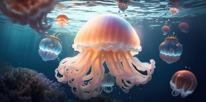 Pink jellyfish floating in the water. Undersea world.