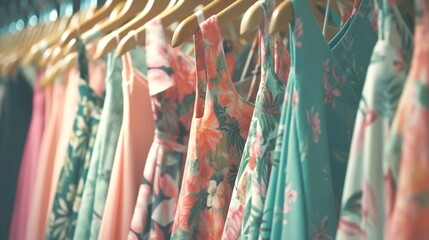 Fototapeta na wymiar clothing for sale ,fashion women's summer , pink green tropical fabric beach casual dresses hanging in a row on a in shopping center,season moda