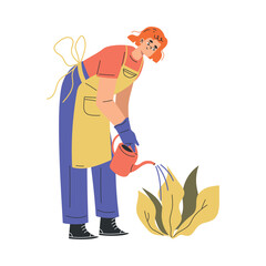 Redhead Woman Gardener Character in Apron Watering Plant Vector Illustration