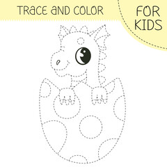 Trace and color coloring book with dragon in the egg for kids. Coloring page with cute cartoon dragon. Vector square illustration.