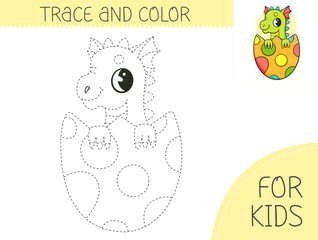 Trace and color coloring book with cute dragon in the egg for kids. Coloring page with cartoon dragon. Vector illustration for kids.
