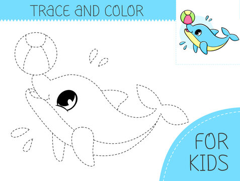 Trace and color coloring book with cute dolphin with ball for kids. Coloring page with cartoon dolphin. Vector illustration for kids.