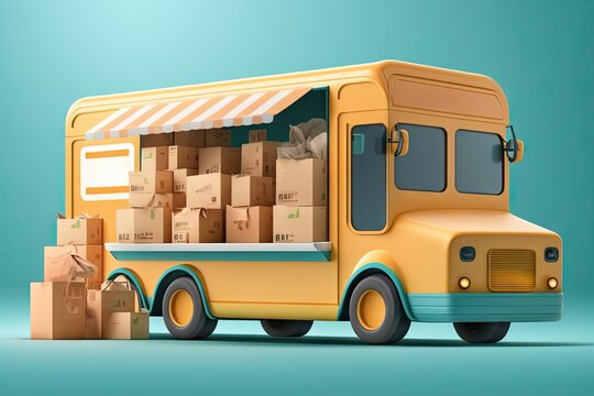 Yellow bus with cardboard boxes on blue background with shadow