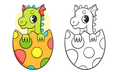 Fotobehang Dragon in the egg coloring book with coloring example for kids. Coloring page with dragon. Monochrome and color version. Vector children's illustration. © Ekaterina Chemakina