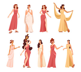Obraz na płótnie Canvas Roman or Greek Girl in Antique Clothes Stand and Gesturing with Amphora Vector Set