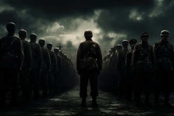 Image of soldiers they are standing in line. Generative AI - obrazy, fototapety, plakaty