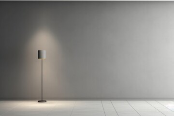 Fototapeta na wymiar Sleek modern backdrop: An empty gray wall with built-in lighting and a floor lamp, creating a stylish and contemporary neutral background, ideal for presentations Generative AI