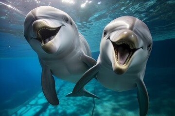 Graceful underwater duo: A captivating shot of a couple of dolphins gracefully swimming beneath the surface, showcasing the beauty and elegance of these intelligent marine creatures. Generative AI