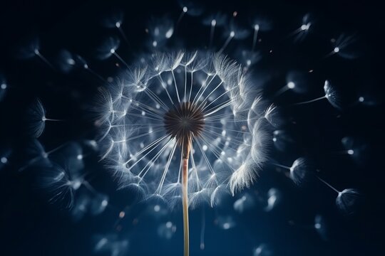Whimsical dandelion seeds: Delicate dandelion seeds adorned with droplets of water on a captivating blue and turquoise background, creating a mesmerizing Generative AI