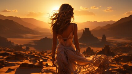 Arabian woman in the desert sand and dunes at sunset