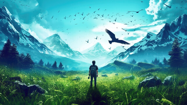 An Adventurer On His Journey In The Mountains, Free And Peace Wallpaper, Ai Generated Image