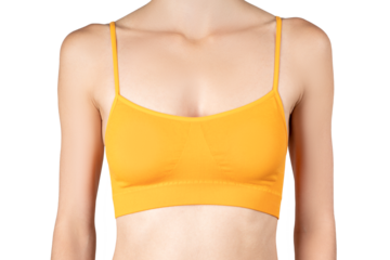 Woman in yellow top bra on gray background