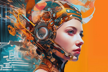 Real with the surreal. Dream - like collage of futuristic AI technology and human, generative ai